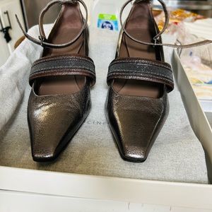 Designer Metallic Leather Ankle pumps. Color Graphite Excellent condition!